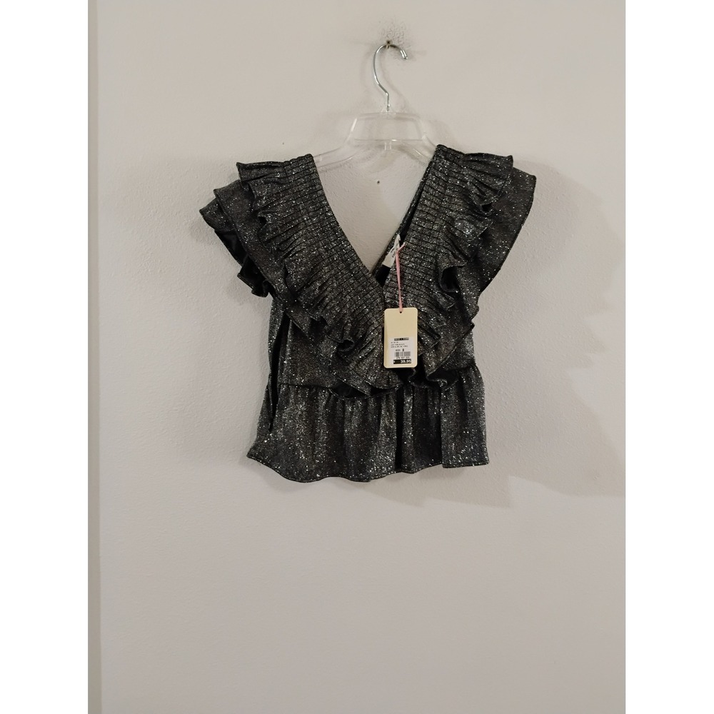 Entro Metallic Silver Ruffle V-Neck Smocked Peplum Top Small New With Tags